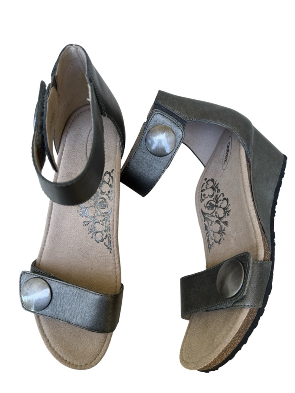 Aetrex Pewter Leather Metallic Ankle Strap Wedge Sandals Comfort Orthotic 10 NEW